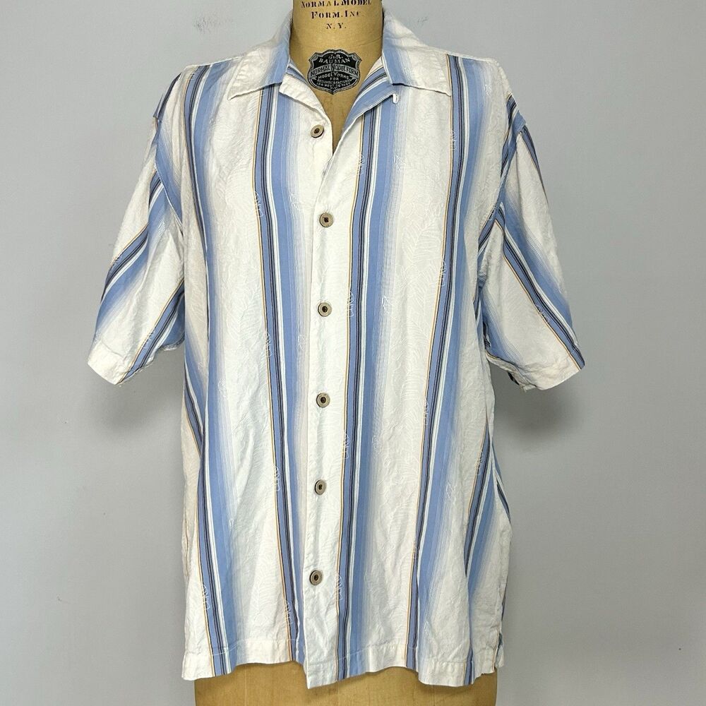 Tommy Bahama Silk Camp Shirt Mens L Blue Stripe Button Front